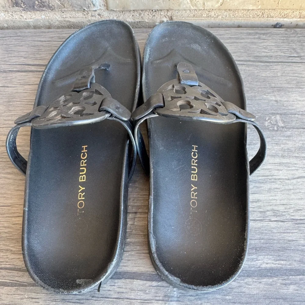Tory Burch Black Miller Cloud Logo Thong Sandals Size 7.5